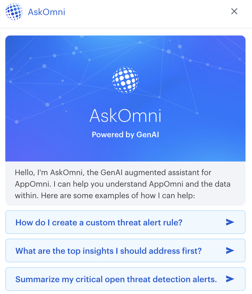AskOmni, AppOmni's SaaS security assistant, provides functionality to help customers navigate the AppOmni platform. 