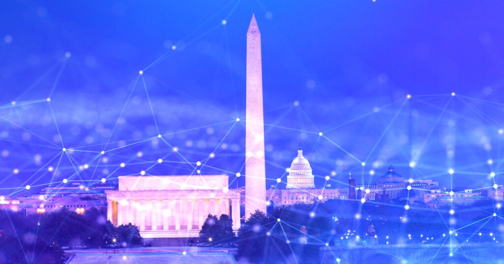 A photo of the Washington, D.C. skyline at dusk. The Washington Monument is at the center of the image, with the Lincoln Memorial in the foreground. The United States Capitol Building is visible in the background. The image is overlaid with a network of glowing lines and dots, symbolizing the interconnectedness of data and the vital role AppOmni plays in securing it. As AppOmni progresses through the FedRAMP certification process, this image reflects the company's commitment to protecting sensitive government data.