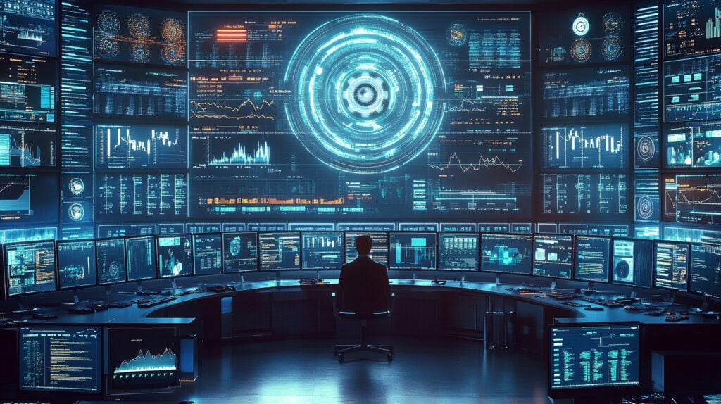 An abstract image depicting the inner-working of SaaS security GenAI. A man sits at a desk with hundreds of screens and computer monitors displaying data.