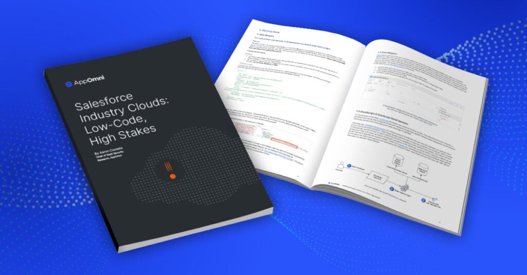 A mockup of the research report from AppOmni reviewing Salesforce industry clouds' attack vectors