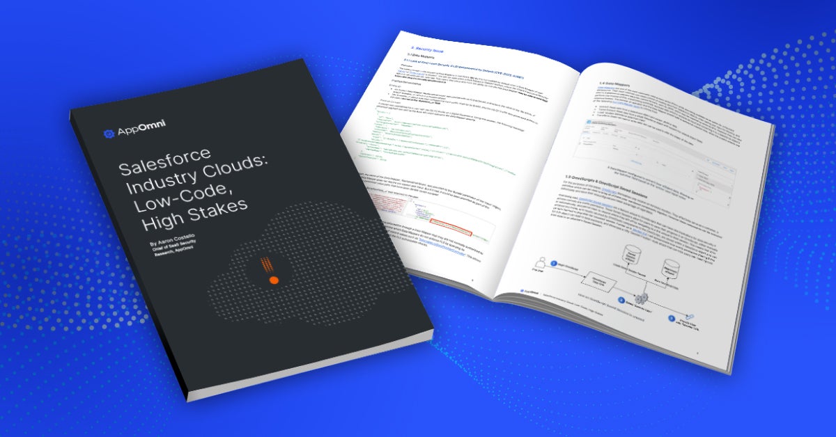 A mockup of the research report from AppOmni reviewing Salesforce industry clouds' attack vectors