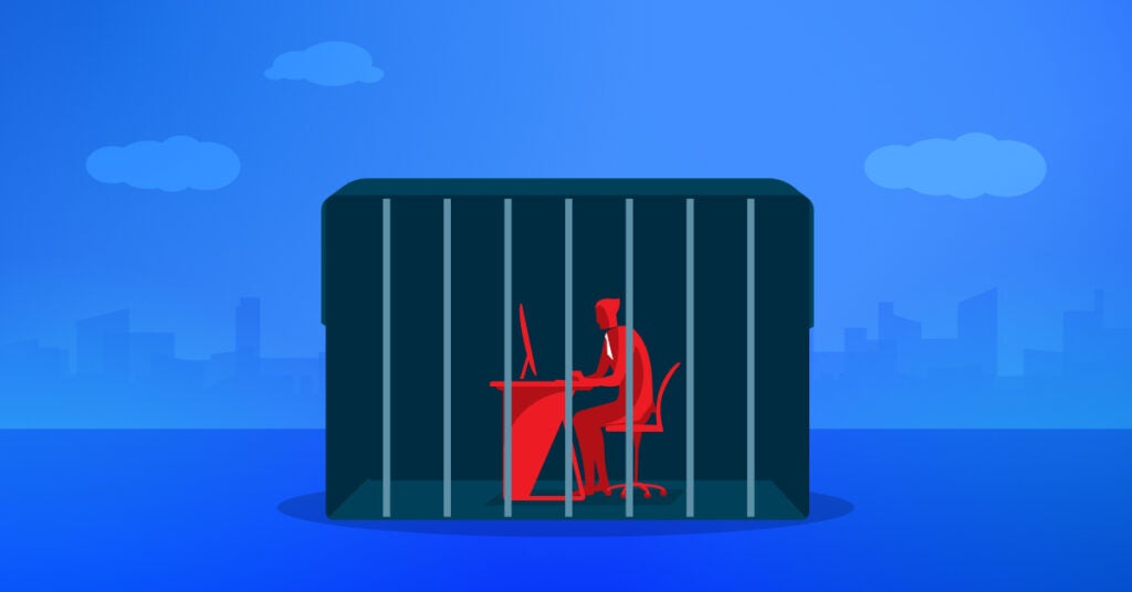 A graphic showing a user sitting in a jail cell to signify a user with escalated SaaS privileges