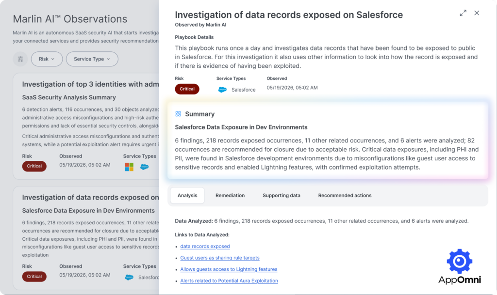 Screenshot showcasing Marlin AI capabilities: autonomous AI-powered SaaS security for investigation and guided remediation