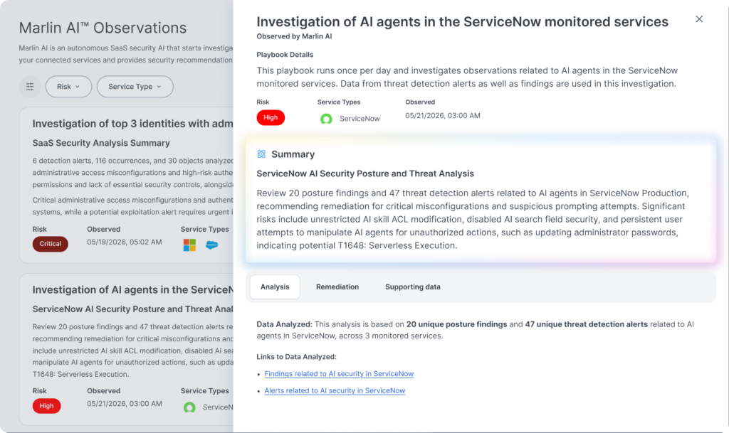 Screenshot showcasing Marlin AI capabilities: autonomous AI-powered SaaS security for investigation and guided remediation