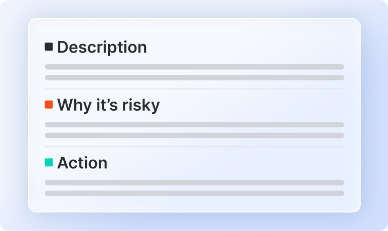 A card breaking down a security finding into three sections labeled Description, Why it's risky, and Action, each with placeholder body text.