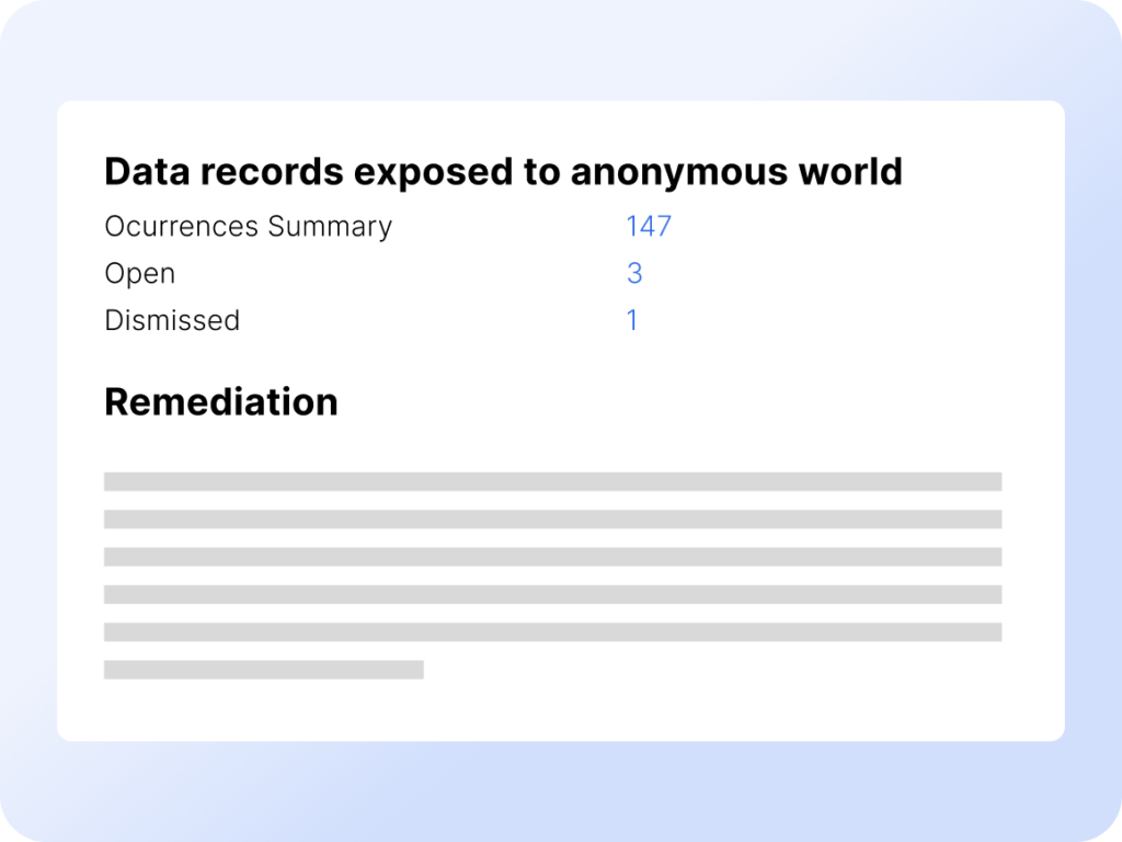 AppOmni data exposure panel flagging 147 occurrences of records exposed to anonymous world, with open and dismissed case counts and step-by-step remediation guidance