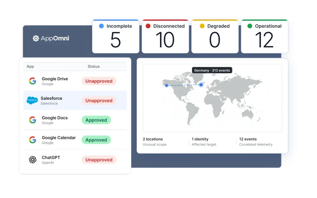 SaaS security dashboard showing app approval statuses, connection health metrics, and a world map highlighting unusual event activity across locations, identities, and correlated telemetry.